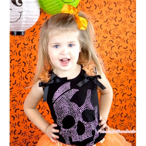 Halloween Black Tank Top With Orange Ruffles & Black Bow With Sparkle Crystal Glitter Skeleton Print TB494 